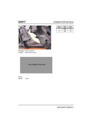 Page 401C0417CONNECTOR DETAILS
DISCOVERY SERIES II
C041 7
Description:Sensor-Evaporator
Location:Behind centre of fascia
Colour:
Gender:Female
P5458
C417
C416
NO CONNECTOR FACE
CavColCct
1BW15
2KB15 