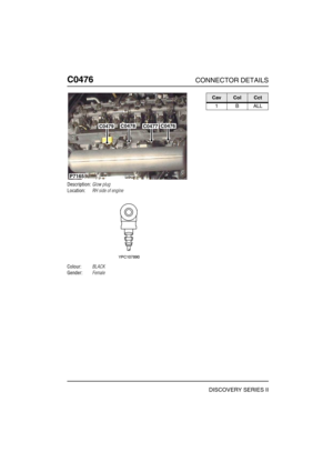 Page 425C0476CONNECTOR DETAILS
DISCOVERY SERIES II
C047 6
Description:Glow plug
Location:RH side of engine
Colour:BLACK
Gender:Female
C0479C0478C0477C0476
P7165
CavColCct
1BALL 