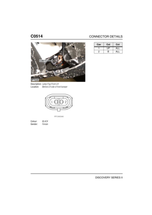 Page 449C0514CONNECTOR DETAILS
DISCOVERY SERIES II
C051 4
Description:Lamp-Fog-Front-LH
Location:Behind LH side of front bumper
Colour:BLACK
Gender:Female
C0514
P7045
CavColCct
1UPALL
2BALL 