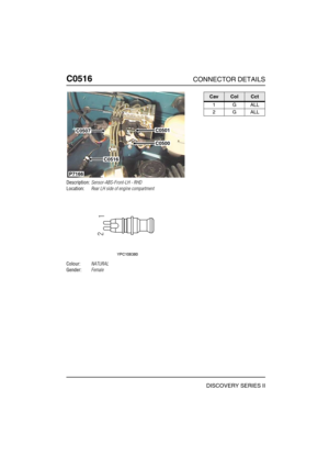 Page 451C0516CONNECTOR DETAILS
DISCOVERY SERIES II
C051 6
Description:Sensor-ABS-Front-LH - RHD
Location:Rear LH side of engine compartment
Colour:NATURAL
Gender:Female
C0501
C0500
C0507
C0516
P7166
CavColCct
1GALL
2GALL 