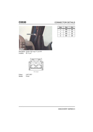 Page 469C0530CONNECTOR DETAILS
DISCOVERY SERIES II
C053 0
Description:Speaker-High range-A post-RH
Location:RH A post
Colour:LIGHT GREY
Gender:Female
C0530
P7174
CavColCct
1RB26
1BR28
2KB26
2BK28 