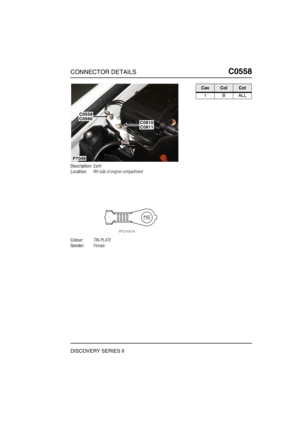 Page 476CONNECTOR DETAILSC0558
DISCOVERY SERIES II
C0 558
Description:Earth
Location:RH side of engine compartment
Colour:TIN-PLATE
Gender:Female
P7049
C0810C0811
C0558C0560
CavColCct
1BALL 