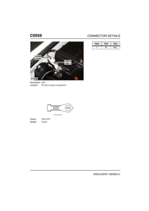 Page 477C0559CONNECTOR DETAILS
DISCOVERY SERIES II
C055 9
Description:Earth
Location:RH side of engine compartment
Colour:TIN-PLATE
Gender:Female
P7048
C0599C0560
C0810C0811
CavColCct
1BALL 