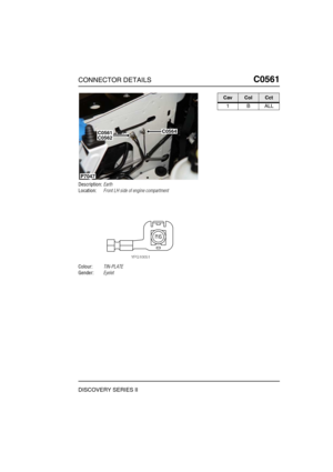 Page 480CONNECTOR DETAILSC0561
DISCOVERY SERIES II
C0 561
Description:Earth
Location:Front LH side of engine compartment
Colour:TIN-PLATE
Gender:Eyelet
C0564C0561C0562
P7047
CavColCct
1BALL 