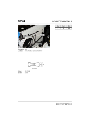 Page 483C0564CONNECTOR DETAILS
DISCOVERY SERIES II
C056 4
Description:Earth
Location:Front LH side of engine compartment
Colour:TIN-PLATE
Gender:Female
C0564C0561C0562
P7047
CavColCct
1BALL 