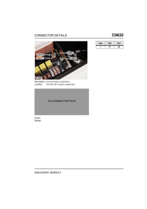 Page 510CONNECTOR DETAILSC0632
DISCOVERY SERIES II
C0 632
Description:Fuse box-Engine compartment
Location:Front RH side of engine compartment
Colour:
Gender:
C0601
C0632
P7050
C0570
C0571
NO CONNECTOR FACE
CavColCct
1R38 