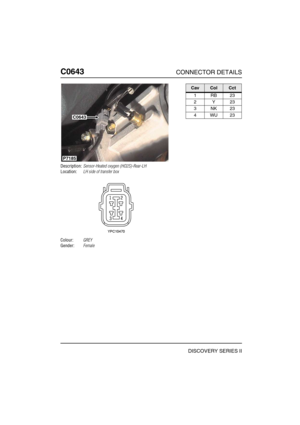 Page 521C0643CONNECTOR DETAILS
DISCOVERY SERIES II
C064 3
Description:Sensor-Heated oxygen (HO2S)-Rear-LH
Location:LH side of transfer box
Colour:GREY
Gender:Female
C0643
P7185
CavColCct
1RB23
2Y23
3NK23
4WU23 