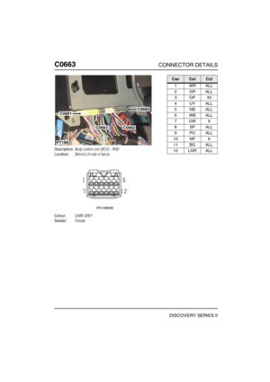 Page 541C0663CONNECTOR DETAILS
DISCOVERY SERIES II
C066 3
Description:Body control unit (BCU) - RHD
Location:Behind LH side of fascia
Colour:DARK GREY
Gender:Female
C0660C0661
C0662C0663
P7189
CavColCct
1WRALL
2GRALL
3OP43
4UYALL
5NBALL
6WBALL
7UW9
8SPALL
9PUALL
10 NP 9
11 BG ALL
12 LGR ALL 