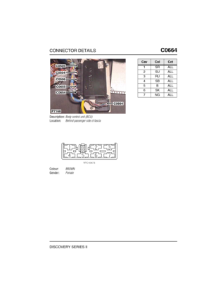 Page 542CONNECTOR DETAILSC0664
DISCOVERY SERIES II
C0 664
Description:Body control unit (BCU)
Location:Behind passenger side of fascia
Colour:BROWN
Gender:Female
C0505
C0504
C0506
C0655
C0654
P7168
C0664
CavColCct
1SRALL
2SUALL
3RUALL
4SBALL
5BALL
6SKALL
7NGALL 