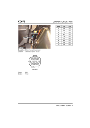 Page 551C0675CONNECTOR DETAILS
DISCOVERY SERIES II
C067 5
Description:Selector-Automatic transmission
Location:Lower rear of engine - LH side
Colour:GREY
Gender:Female
C0243
C0675
P7134
CavColCct
1GNALL
2GYALL
4BALL
5BGALL
6UWALL
7UGALL
8NPALL
9UPALL
10 UB ALL 
