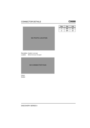Page 564CONNECTOR DETAILSC0688
DISCOVERY SERIES II
C0 688
Description:Speakers-Low range
Location:Behind front door trim panel
Colour:
Gender:
NO PHOTO LOCATION
NO CONNECTOR FACE
CavColCct
1BK25
2BR25 