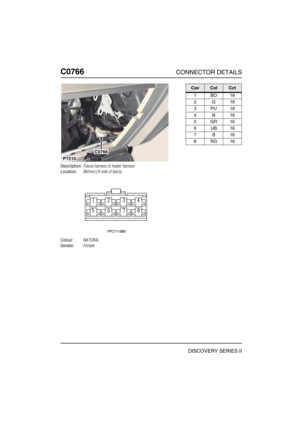 Page 607C0766CONNECTOR DETAILS
DISCOVERY SERIES II
C076 6
Description:Fascia harness to heater harness
Location:Behind LH side of fascia
Colour:NATURAL
Gender:Female
C0766
P7210
CavColCct
1BO16
2G16
3PU16
4N16
5GR16
6UB16
7B16
8RG16 