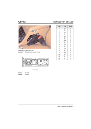 Page 613C0773CONNECTOR DETAILS
DISCOVERY SERIES II
C077 3
Description:Switch pack-Seat
Location:Beneath centre console LH side
Colour:BLACK
Gender:Female
C0773
P7212
CavColCct
1W43
1Y43
2W43
2Y43
3GY43
4R43
5WR43
6B43
7NY43
7U43
8NY43
8U43
9PS43
10 O 43
11 P 43
12 S 43 