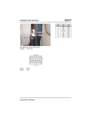 Page 614CONNECTOR DETAILSC0777
DISCOVERY SERIES II
C0 777
Description:Main harness to door harness
Location:In RH B post
Colour:WHITE
Gender:Female
C0436
C0777
C0650
P7164
CavColCct
1KPALL
2KRALL
3PLGALL
4BALL
5RBALL
6KSALL 