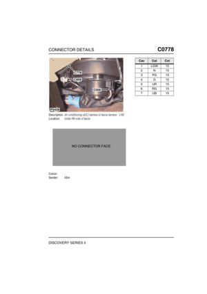 Page 616CONNECTOR DETAILSC0778
DISCOVERY SERIES II
C0 778
Description:Air conditioning (A/C) harness to fascia harness - LHD
Location:Under RH side of fascia
Colour:
Gender:Male
C778
C858
C056
P5428
NO CONNECTOR FACE
CavColCct
1LGW15
2N15
3PG15
4G15
5UR15
6RG15
7UB15 