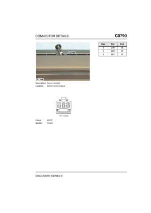 Page 626CONNECTOR DETAILSC0790
DISCOVERY SERIES II
C0 790
Description:Sensor-Sunlight
Location:Behind centre of fascia
Colour:WHITE
Gender:Female
C0790
P7216
CavColCct
1GW15
2WR15
3WU15 