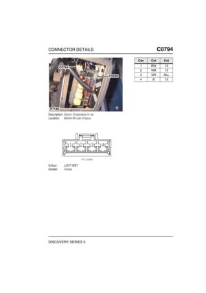 Page 630CONNECTOR DETAILSC0794
DISCOVERY SERIES II
C0 794
Description:Sensor-Temperature-In-car
Location:Behind RH side of fascia
Colour:LIGHT GREY
Gender:Female
C0590
C0794
P7180
CavColCct
1BW15
2WB15
3GRALL
4B15 