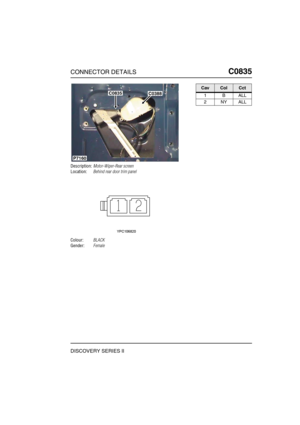 Page 650CONNECTOR DETAILSC0835
DISCOVERY SERIES II
C0 835
Description:Motor-Wiper-Rear screen
Location:Behind rear door trim panel
Colour:BLACK
Gender:Female
C0835C0388
P7160
CavColCct
1BALL
2NYALL 