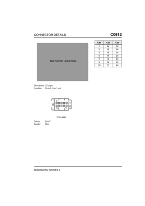 Page 666CONNECTOR DETAILSC0912
DISCOVERY SERIES II
C0 912
Description:CD player
Location:Beneath drivers seat
Colour:BLACK
Gender:Male
NO PHOTO LOCATION
CavColCct
1W24
2B24
5G24
6R24
7S24
8N24
10 P 24 