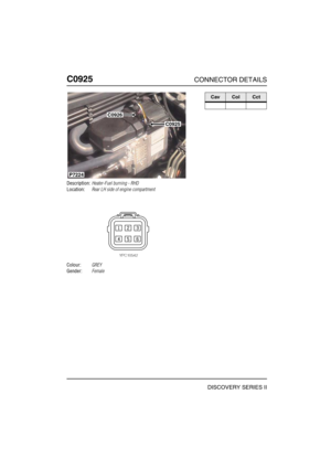 Page 673C0925CONNECTOR DETAILS
DISCOVERY SERIES II
C092 5
Description:Heater-Fuel burning - RHD
Location:Rear LH side of engine compartment
Colour:GREY
Gender:Female
C0926
C0925
P7224
CavColCct 