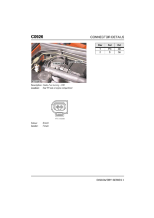 Page 675C0926CONNECTOR DETAILS
DISCOVERY SERIES II
C092 6
Description:Heater-Fuel burning - LHD
Location:Rear RH side of engine compartment
Colour:BLACK
Gender:Female
C0925C0926
P7225
CavColCct
1PN38
2B38 