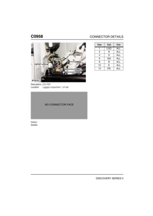 Page 679C0958CONNECTOR DETAILS
DISCOVERY SERIES II
C095 8
Description:ECU-PDC
Location:Luggage compartment - LH side
Colour:
Gender:
P7070
C0707
C0958
C0987
C0957
C0692
C0691
NO CONNECTOR FACE
CavColCct
1LGOALL
2NALL
4SALL
6GNALL
8BALL
10 K ALL
13 RS ALL 