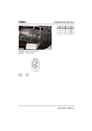 Page 681C0964CONNECTOR DETAILS
DISCOVERY SERIES II
C096 4
Description:Sensor-PDC-Inner-Rear-LH
Location:LH rear of vehicle
Colour:BLACK
Gender:Female
C0964
P7067
CavColCct
1WALL
2UALL
3BALL 