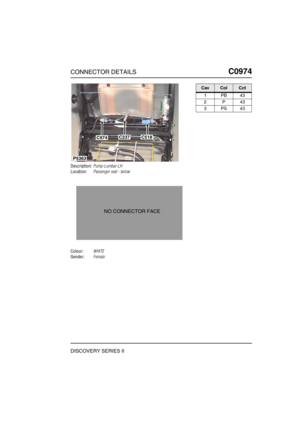 Page 686CONNECTOR DETAILSC0974
DISCOVERY SERIES II
C0 974
Description:Pump-Lumbar-LH
Location:Passenger seat - below
Colour:WHITE
Gender:Female
C518C237C974
P5363
NO CONNECTOR FACE
CavColCct
1PB43
2P43
3PS43 