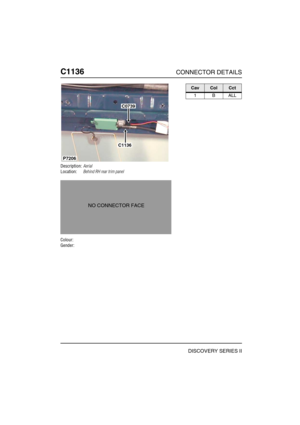 Page 693C1136CONNECTOR DETAILS
DISCOVERY SERIES II
C113 6
Description:Aerial
Location:Behind RH rear trim panel
Colour:
Gender:
C0739
C1136
P7206
NO CONNECTOR FACE
CavColCct
1BALL 