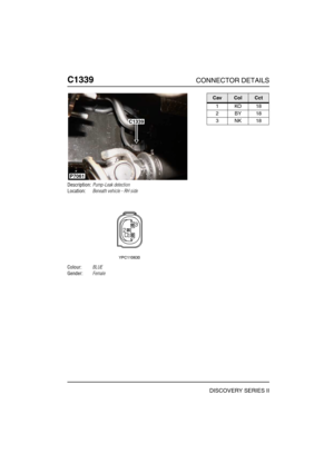 Page 695C1339CONNECTOR DETAILS
DISCOVERY SERIES II
C133 9
Description:Pump-Leak detection
Location:Beneath vehicle - RH side
Colour:BLUE
Gender:Female
C1339
P7061
CavColCct
1KO18
2BY18
3NK18 