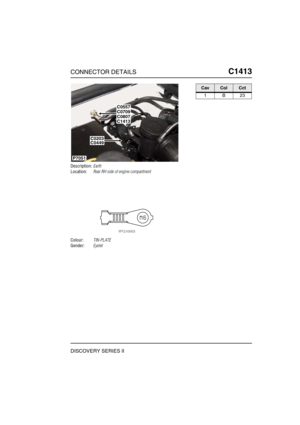 Page 696CONNECTOR DETAILSC1413
DISCOVERY SERIES II
C1 413
Description:Earth
Location:Rear RH side of engine compartment
Colour:TIN-PLATE
Gender:Eyelet
P7051
C0709C0557
C1413C0807
C0203C0449
CavColCct
1B23 