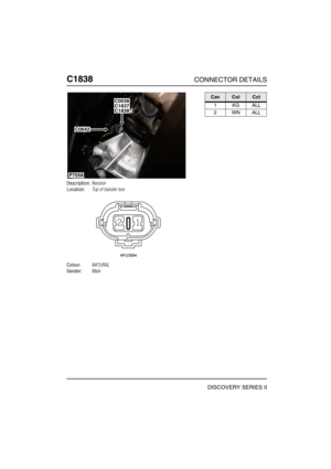 Page 701C1838CONNECTOR DETAILS
DISCOVERY SERIES II
C183 8
Description:Resistor
Location:Top of transfer box
Colour:NATURAL
Gender:Male
P7058
C1838C1837C0038
C0642
CavColCct
1KGALL
2WNALL 