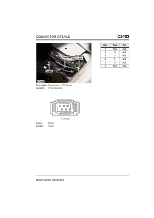 Page 702CONNECTOR DETAILSC2403
DISCOVERY SERIES II
C2 403
Description:Body harness to PDC harness
Location:LH rear of vehicle
Colour:BLACK
Gender:Female
C2404C0963
C0490
C2403
P7068
CavColCct
1WGALL
2GALL
3UALL
4YALL
5OALL
6BGALL 