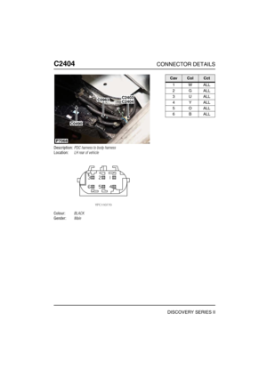 Page 703C2404CONNECTOR DETAILS
DISCOVERY SERIES II
C240 4
Description:PDC harness to body harness
Location:LH rear of vehicle
Colour:BLACK
Gender:Male
C2404C0963
C0490
C2403
P7068
CavColCct
1WALL
2GALL
3UALL
4YALL
5OALL
6BALL 