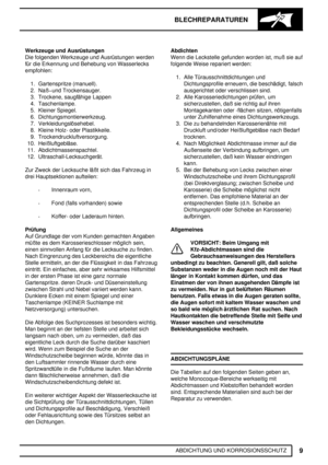 Page 160BLECHREPARATUREN
9
ABDICHTUNG UND KORROSIONSSCHUTZ Werkzeuge und Ausrüstungen
Die folgenden Werkzeuge und Ausrüstungen werden
für die Erkennung und Behebung von Wasserlecks
empfohlen:
1. Gartenspritze (manuell).
2. Naßund Trockensauger.
3. Trockene, saugfähige Lappen
4. Taschenlampe.
5. Kleiner Spiegel.
6. Dichtungsmontierwerkzeug.
7. Verkleidungslösehebel.
8. Kleine Holz- oder Plastikkeile.
9. Trockendruckluftversorgung.
10. Heißluftgebläse.
11. Abdichtmassenspachtel.
12. Ultraschall-Lecksuchgerät.
Zur...