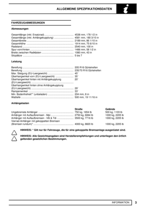 Page 24ALLGEMEINE SPEZIFIKATIONSDATEN
3
INFORMATION FAHRZEUGABMESSUNGEN
Abmessungen
Gesamtlänge (inkl. Ersatzrad) 4538 mm, 178 1/2 in..........................................
Gesamtlänge (inkl. Anhängekupplung) 4581 mm, 180 3/10 in............................
Gesamtbreite 2189 mm, 86 1/10 in....................................................................
Gesamthöhe 1914 mm, 75 6/10 in....................................................................
Radstand 2540 mm, 100...