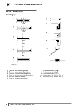 Page 3304ALLGEMEINE SPEZIFIKATIONSDATEN
4
ABDICHTUNG UND KORROSIONSSCHUTZ MATERIALANWENDUNGEN
Verbindungstyp:
1. Zwischen verschraubten Blechen
2. Zwischen verschraubten Blechkanten
3. Zwischen punktverschweißten Blechen
4. Zwischen punktverschweißten Blechkanten
5. Zwischen verklebten Blechen
6. Zwischen verklebten Blechkanten7. Clinchverbindungen (Typ A)
8. Clinchverbindungen (Typ B)
9. Clinchverbindungen (Typ C)
10. Zwischenräume an Blechen (Typ A)
11. Zwischenräume an Blechen (Typ B) 