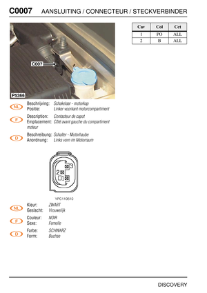 Page 247C0007AANSLUITING / CONNECTEUR / STECKVERBINDER
DISCOVERY
C000 7
Beschrijving:Schakelaar - motorkap
Positie:Linker voorkant motorcompartiment
Description:Contacteur de capot
Emplacement:Côté avant gauche du compartiment 
moteur
Beschreibung:Schalter - Motorhaube
Anordnung:Links vorn im Motorraum
Kleur:ZWART
Geslacht:Vrouwelijk
Couleur:NOIR
Sexe:Femelle
Farbe:SCHWARZ
Form:Buchse
C007
P5366
CavColCct
1POALL
2BALL 