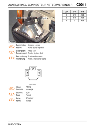 Page 250AANSLUITING / CONNECTEUR / STECKVERBINDERC0011
DISCOVERY
C0 011
Beschrijving:Koplamp - rechts
Positie:Achter rechter koplamp
Description:Phare - CD
Emplacement:Derrière le phare droit
Beschreibung:Scheinwerfer - rechts
Anordnung:Hinter Scheinwerfer rechts
Kleur:ZWART
Geslacht:Vrouwelijk
Couleur:NOIR
Sexe:Femelle
Farbe:SCHWARZ
Form:Buchse
C537C011
P5356
CavColCct
1UOALL
2UBALL
3BALL 