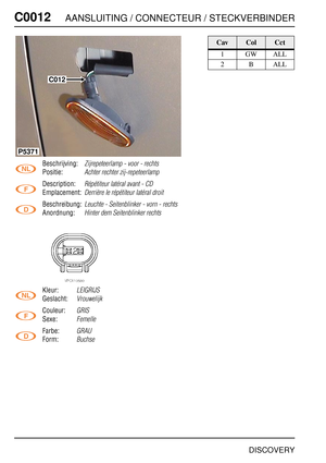 Page 251C0012AANSLUITING / CONNECTEUR / STECKVERBINDER
DISCOVERY
C001 2
Beschrijving:Zijrepeteerlamp - voor - rechts
Positie:Achter rechter zij-repeteerlamp
Description:Répétiteur latéral avant - CD
Emplacement:Derrière le répétiteur latéral droit
Beschreibung:Leuchte - Seitenblinker - vorn - rechts
Anordnung:Hinter dem Seitenblinker rechts
Kleur:LEIGRIJS
Geslacht:Vrouwelijk
Couleur:GRIS
Sexe:Femelle
Farbe:GRAU
Form:Buchse
C012
P5371
CavColCct
1GWALL
2BALL 