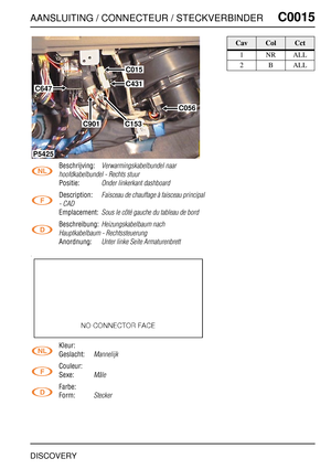 Page 254AANSLUITING / CONNECTEUR / STECKVERBINDERC0015
DISCOVERY
C0 015
Beschrijving:Verwarmingskabelbundel naar 
hoofdkabelbundel - Rechts stuur
Positie:Onder linkerkant dashboard
Description:Faisceau de chauffage à faisceau principal 
- CAD
Emplacement:Sous le côté gauche du tableau de bord
Beschreibung:Heizungskabelbaum nach 
Hauptkabelbaum - Rechtssteuerung
Anordnung:Unter linke Seite Armaturenbrett
Kleur:
Geslacht:
Mannelijk
Couleur:
Sexe:
Mâle
Farbe:
Form:
Stecker
C647
C015
C431
C153C901
P5425
C056...