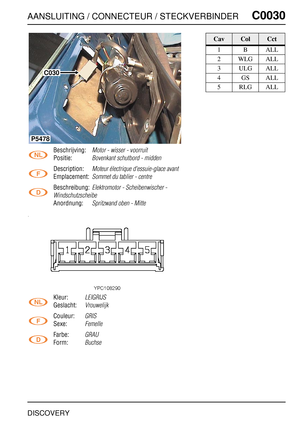 Page 264AANSLUITING / CONNECTEUR / STECKVERBINDERC0030
DISCOVERY
C0 030
Beschrijving:Motor - wisser - voorruit
Positie:Bovenkant schutbord - midden
Description:Moteur électrique d'essuie-glace avant
Emplacement:Sommet du tablier - centre
Beschreibung:Elektromotor - Scheibenwischer - 
Windschutzscheibe
Anordnung:Spritzwand oben - Mitte
Kleur:LEIGRIJS
Geslacht:Vrouwelijk
Couleur:GRIS
Sexe:Femelle
Farbe:GRAU
Form:Buchse
C030
P5478
CavColCct
1BALL
2WLGALL
3ULGALL
4GSALL
5RLGALL 