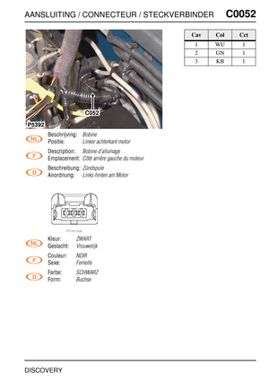 Page 278AANSLUITING / CONNECTEUR / STECKVERBINDERC0052
DISCOVERY
C0 052
Beschrijving:Bobine
Positie:Linker achterkant motor
Description:Bobine d’allumage
Emplacement:Côté arrière gauche du moteur
Beschreibung:Zündspule
Anordnung:Links hinten am Motor
Kleur:ZWART
Geslacht:Vrouwelijk
Couleur:NOIR
Sexe:Femelle
Farbe:SCHWARZ
Form:Buchse
C052
P5392
CavColCct
1WU1
2GN1
3KB1 