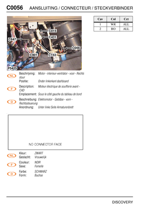 Page 281C0056AANSLUITING / CONNECTEUR / STECKVERBINDER
DISCOVERY
C005 6
Beschrijving:Motor - interieur-ventilator - voor - Rechts 
stuur
Positie:Onder linkerkant dashboard
Description:Moteur électrique de soufflerie avant - 
CAD
Emplacement:Sous le côté gauche du tableau de bord
Beschreibung:Elektromotor - Gebläse - vorn - 
Rechtssteuerung
Anordnung:Unter linke Seite Armaturenbrett
Kleur:ZWART
Geslacht:Vrouwelijk
Couleur:NOIR
Sexe:Femelle
Farbe:SCHWARZ
Form:Buchse
C647
C015
C431
C153C901
P5425
C056
CavColCct...