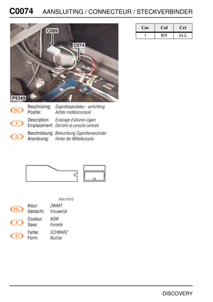 Page 295C0074AANSLUITING / CONNECTEUR / STECKVERBINDER
DISCOVERY
C007 4
Beschrijving:Sigaretteaansteker - verlichting
Positie:Achter middenconsole
Description:Eclairage d’allume-cigare
Emplacement:Derrière la console centrale
Beschreibung:Beleuchtung Zigarettenanzünder
Anordnung:Hinter der Mittelkonsole
Kleur:ZWART
Geslacht:Vrouwelijk
Couleur:NOIR
Sexe:Femelle
Farbe:SCHWARZ
Form:Buchse
C089
C074
P5349
CavColCct
1RNALL 