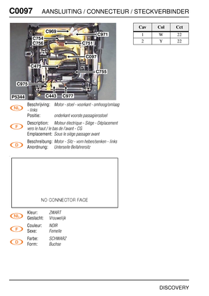 Page 307C0097AANSLUITING / CONNECTEUR / STECKVERBINDER
DISCOVERY
C009 7
Beschrijving:Motor - stoel - voorkant - omhoog/omlaag 
- links
Positie:onderkant voorste passagiersstoel
Description:Moteur électrique - Siège - Déplacement 
vers le haut / le bas de l'avant - CG
Emplacement:Sous le siège passager avant
Beschreibung:Motor - Sitz - vorn heben/senken - links
Anordnung:Unterseite Beifahrersitz
Kleur:ZWART
Geslacht:Vrouwelijk
Couleur:NOIR
Sexe:Femelle
Farbe:SCHWARZ
Form:Buchse
P5344
C971C969
C754
C751
C097...