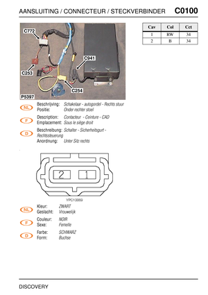 Page 310AANSLUITING / CONNECTEUR / STECKVERBINDERC0100
DISCOVERY
C0 100
Beschrijving:Schakelaar - autogordel - Rechts stuur
Positie:Onder rechter stoel
Description:Contacteur  - Ceinture - CAD
Emplacement:Sous le siège droit
Beschreibung:Schalter - Sicherheitsgurt - 
Rechtssteuerung
Anordnung:Unter Sitz rechts
Kleur:ZWART
Geslacht:Vrouwelijk
Couleur:NOIR
Sexe:Femelle
Farbe:SCHWARZ
Form:Buchse
C941
C254
P5397
C253
C772
CavColCct
1RW34
2B34 