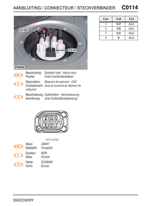 Page 314AANSLUITING / CONNECTEUR / STECKVERBINDERC0114
DISCOVERY
C0 114
Beschrijving:Brandstof-tank - Rechts stuur
Positie:Onder brandstoftankdeksel
Description:Réservoir de carburant - CAD
Emplacement:Sous le couvercle du réservoir de 
carburant
Beschreibung:Kraftstofftank - Rechtssteuerung
Anordnung:Unter Kraftstofftankabdeckung
Kleur:ZWART
Geslacht:Vrouwelijk
Couleur:NOIR
Sexe:Femelle
Farbe:SCHWARZ
Form:Buchse
C132
C114
P5435
CavColCct
1WPALL
2GBALL
3KBALL
4BALL 