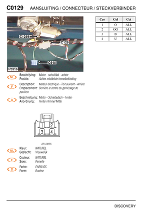 Page 321C0129AANSLUITING / CONNECTEUR / STECKVERBINDER
DISCOVERY
C012 9
Beschrijving:Motor - schuifdak - achter
Positie:Achter middelste hemelbekleding
Description:Moteur électrique - Toit ouvrant - Arrière
Emplacement:Derrière le centre du garnissage de 
pavillon
Beschreibung:Motor - Schiebedach - hinten
Anordnung:Hinter Himmel Mitte
Kleur:NATUREL
Geslacht:Vrouwelijk
Couleur:NATUREL
Sexe:Femelle
Farbe:FARBLOS
Form:Buchse
P5316
C945
C129
C1259
CavColCct
1OALL
2OGALL
3BALL
4UALL 