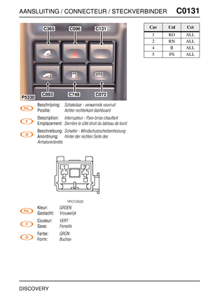 Page 322AANSLUITING / CONNECTEUR / STECKVERBINDERC0131
DISCOVERY
C0 131
Beschrijving:Schakelaar - verwarmde voorruit
Positie:Achter rechterkant dashboard
Description:Interrupteur - Pare-brise chauffant
Emplacement:Derrière le côté droit du tableau de bord
Beschreibung:Schalter - Windschutzscheibenheizung
Anordnung:Hinter der rechten Seite des 
Armaturenbretts
Kleur:GROEN
Geslacht:Vrouwelijk
Couleur:VERT
Sexe:Femelle
Farbe:GRÜN
Form:Buchse
C365C096C131
C893C748C072P5330
CavColCct
1KOALL
2RNALL
4BALL
5PSALL 